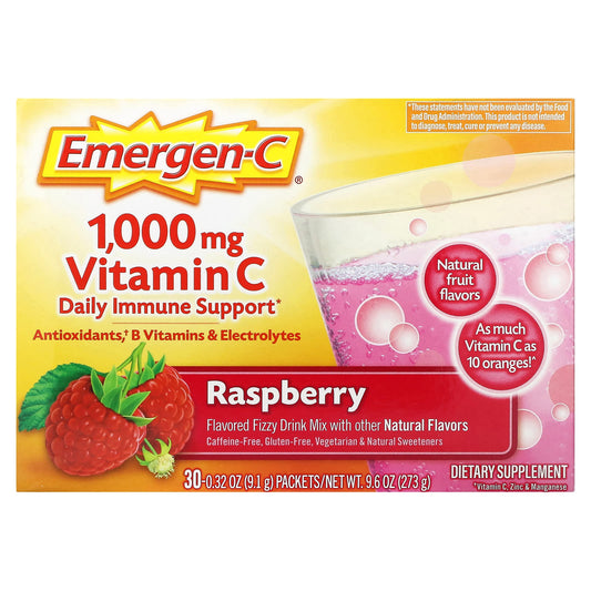 Emergen-C Vitamin C Supplement, 1,000mg, 30 Packets, Raspberry - Image 1