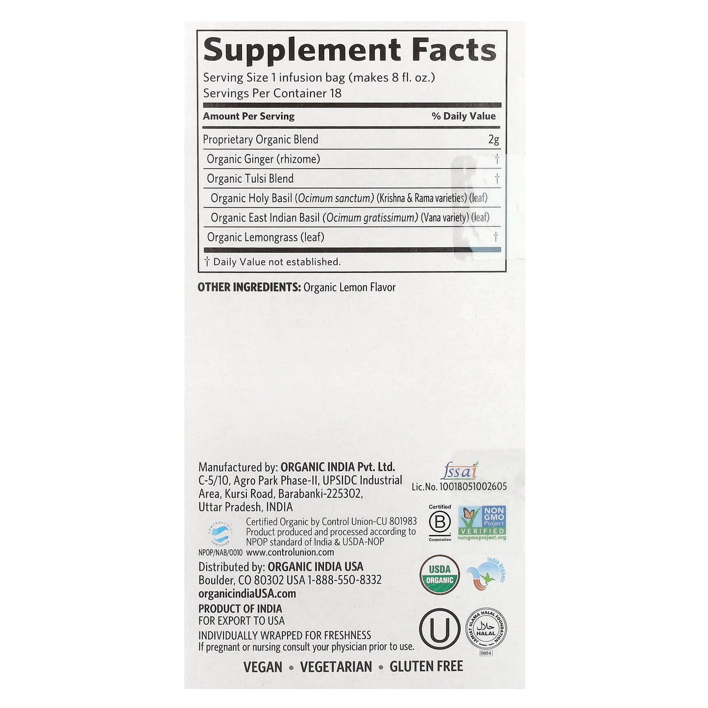 Organic India, Tulsi Tea, Lemon Ginger, Caffeine-Free, 18 Infusion Bags, 1.27 oz (36 g) - Image 2