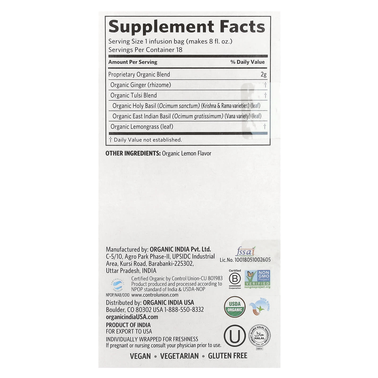 Organic India, Tulsi Tea, Lemon Ginger, Caffeine-Free, 18 Infusion Bags, 1.27 oz (36 g) - Image 2