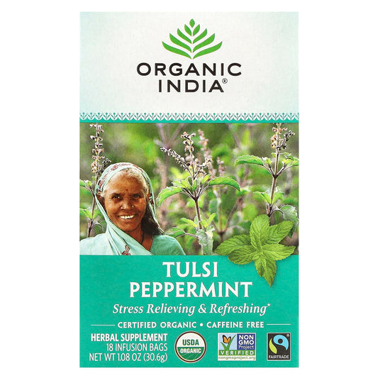 Organic India, Tulsi Tea, Peppermint, Caffeine Free, 18 Infusion Bags, 1.08 oz (30.6 g) - Image 1