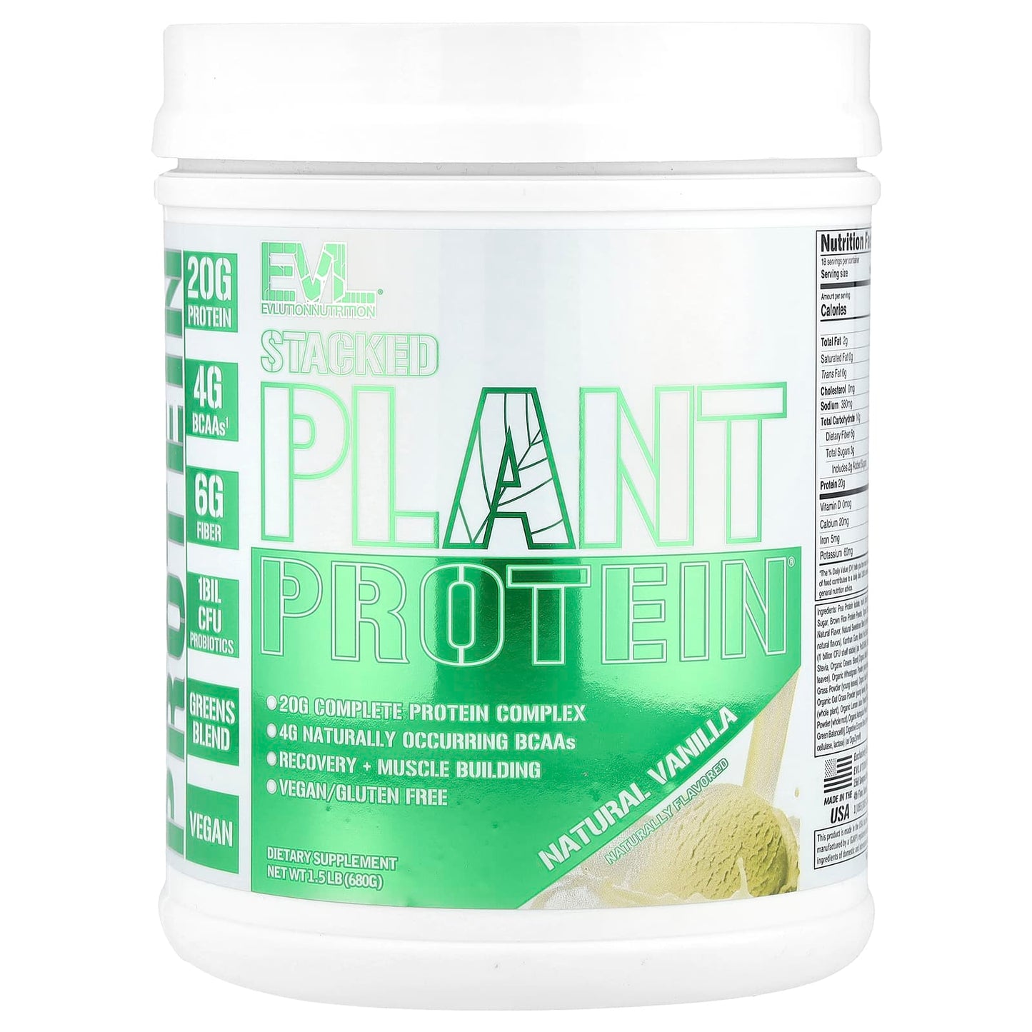 EVLution Nutrition Stacked Plant Protein, Natural Vanilla, 1.5 lb - Image 1
