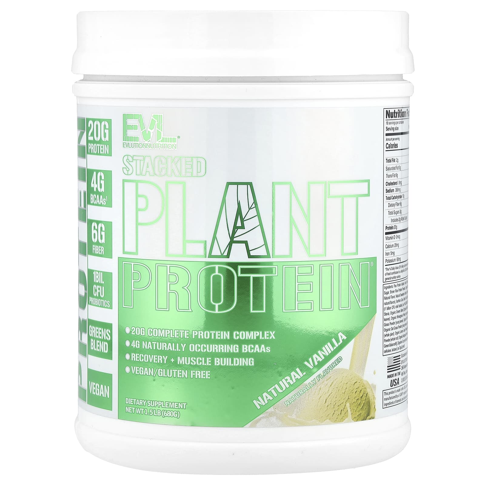 EVLution Nutrition Stacked Plant Protein, Natural Vanilla, 1.5 lb - Image 1