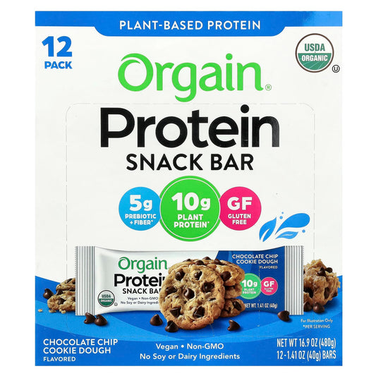 Orgain, Plant-Based Protein Snack Bar, Chocolate Chip Cookie Dough, 12 Bars, 1.41 oz (40 g) Each - Image 1