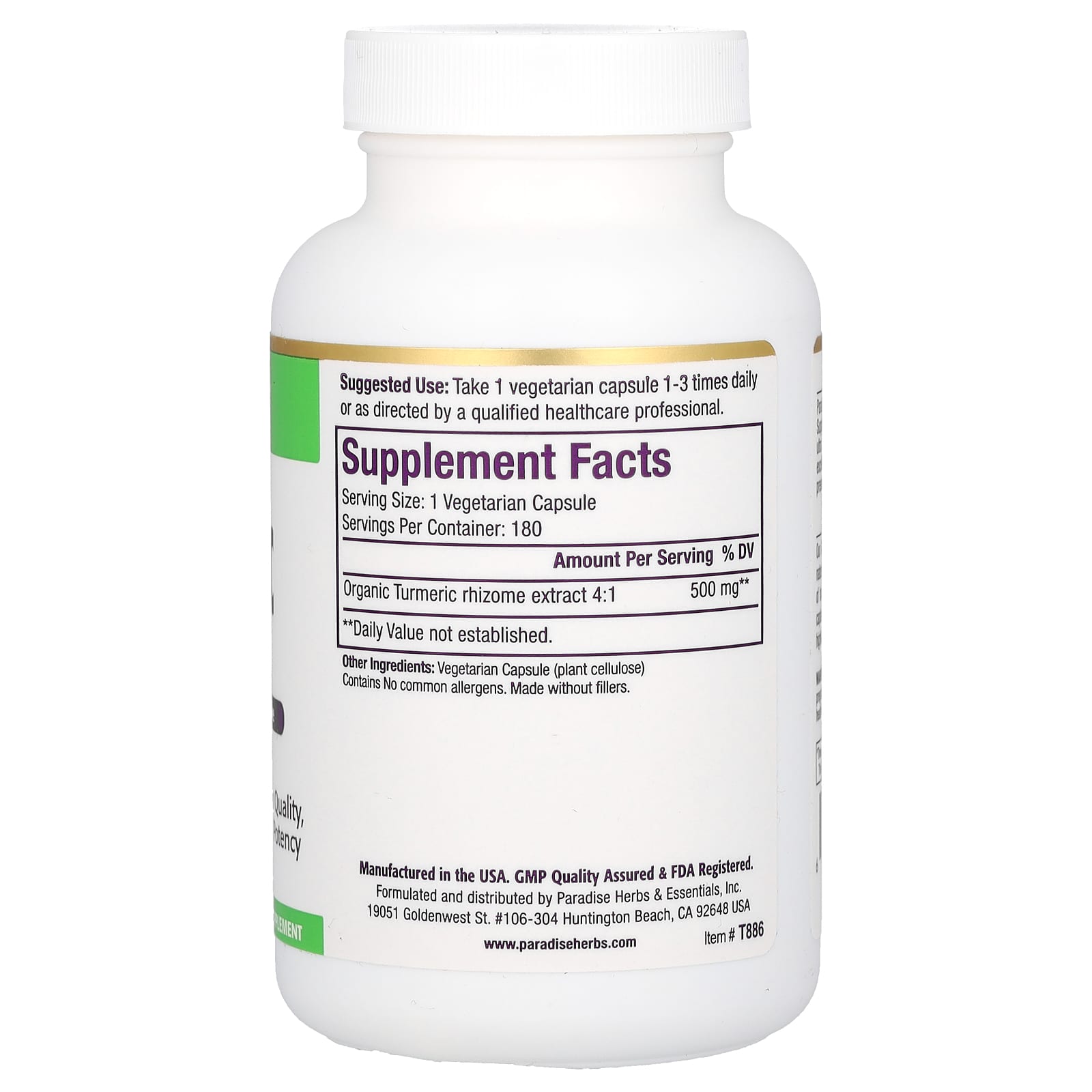 Paradise Herbs, Turmeric Extract, 500 mg, 180 Vegetarian Capsules - Image 2
