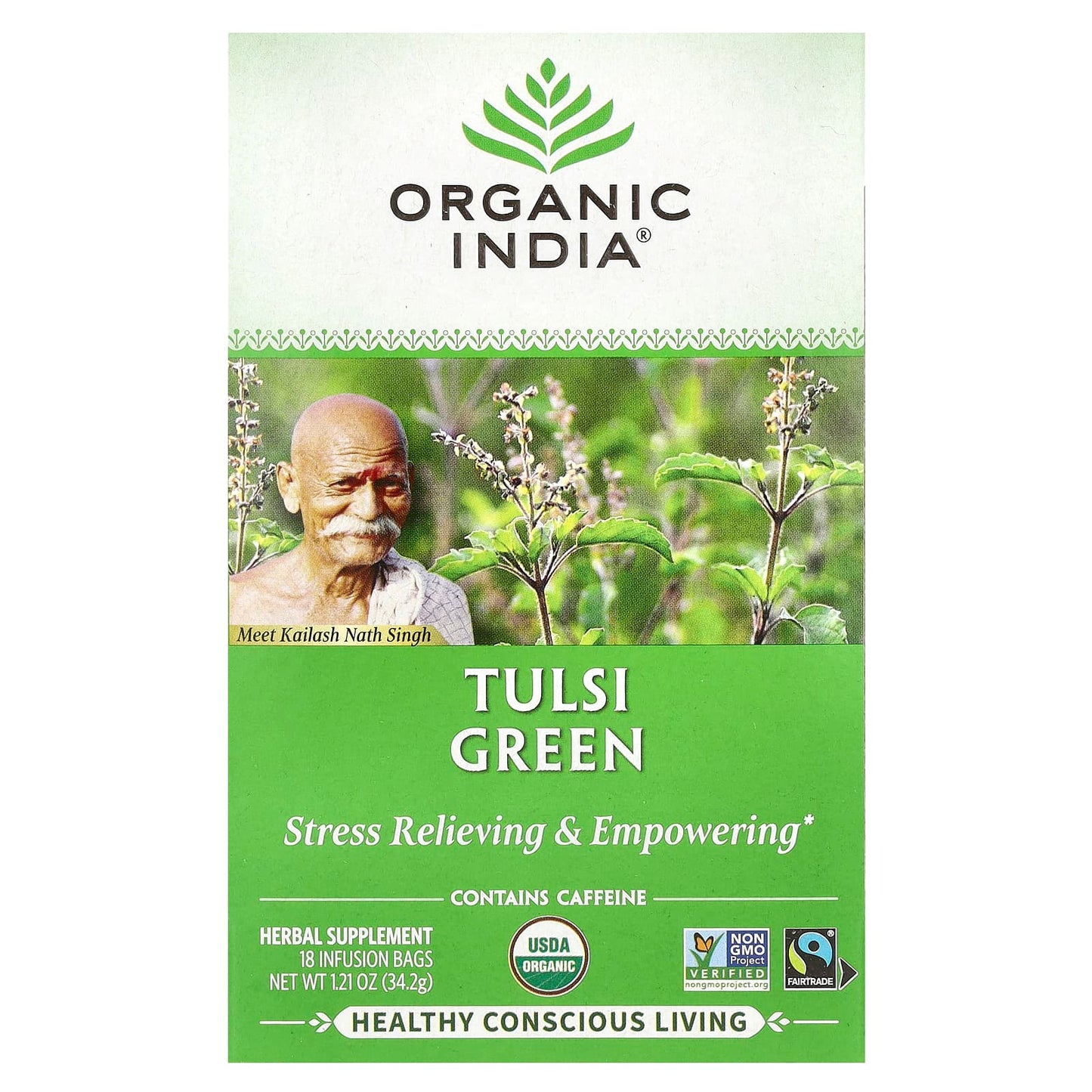Organic India, Tulsi Tea, Green, 18 Infusion Bags, 1.21 oz (34.2 g) - Image 1