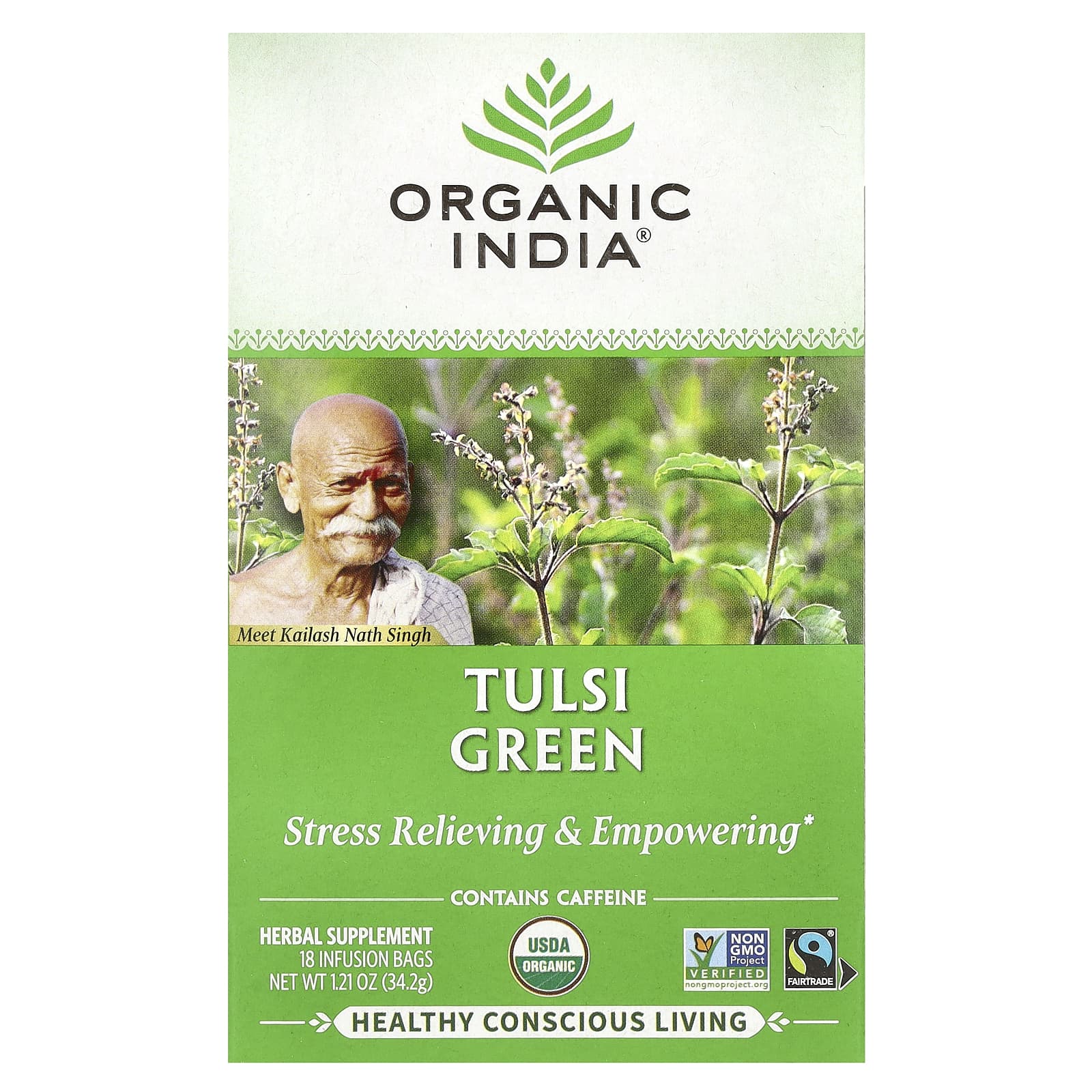 Organic India, Tulsi Tea, Green, 18 Infusion Bags, 1.21 oz (34.2 g) - Image 1