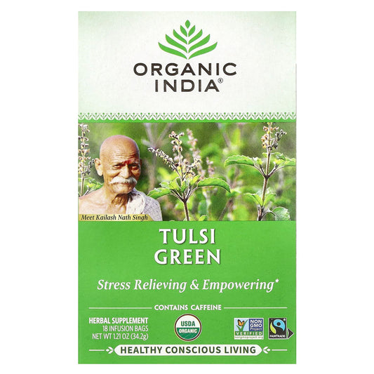 Organic India, Tulsi Tea, Green, 18 Infusion Bags, 1.21 oz (34.2 g) - Image 1