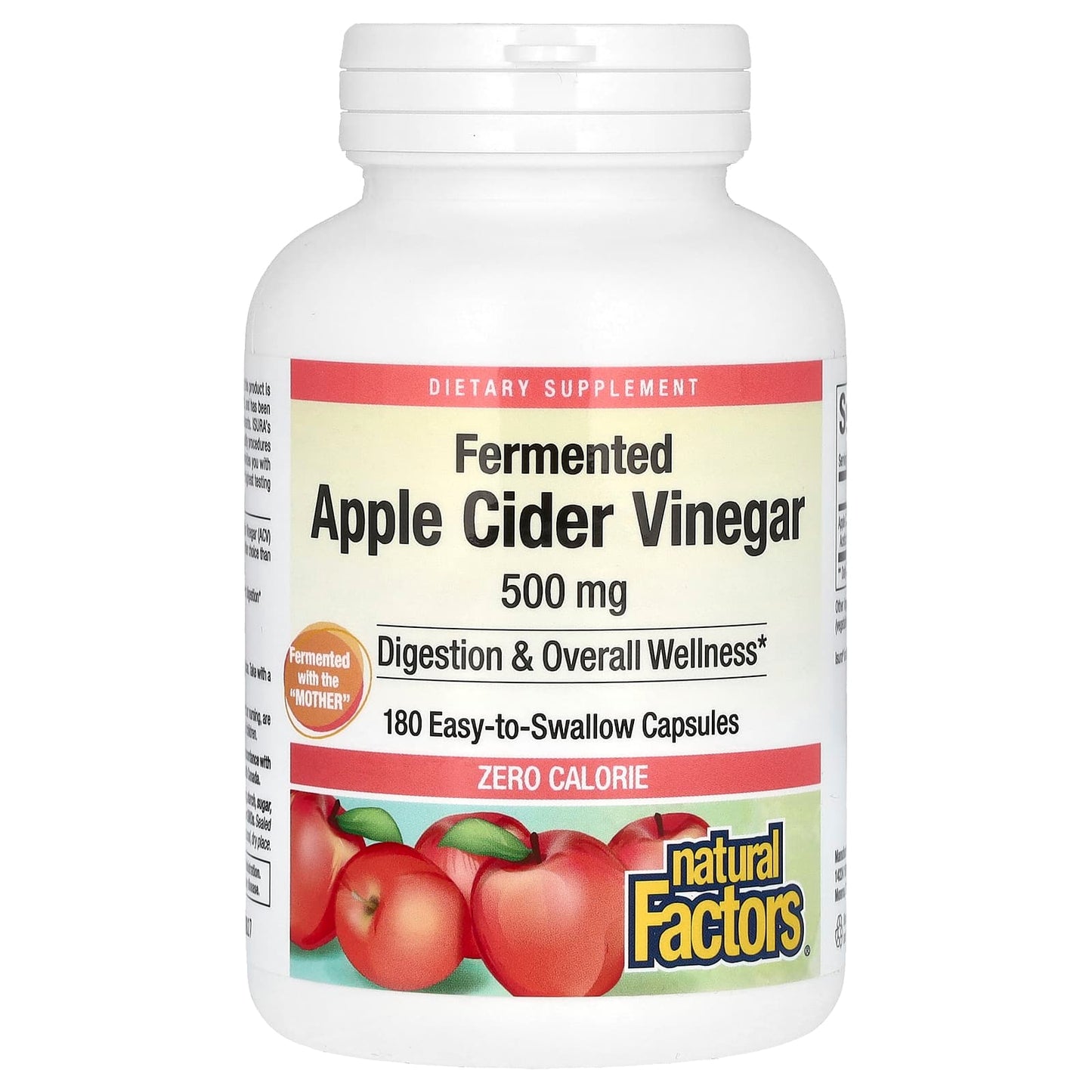 Natural Factors, Fermented Apple Cider Vinegar, 500 mg, 180 Easy to Swallow Capsules - Image 1