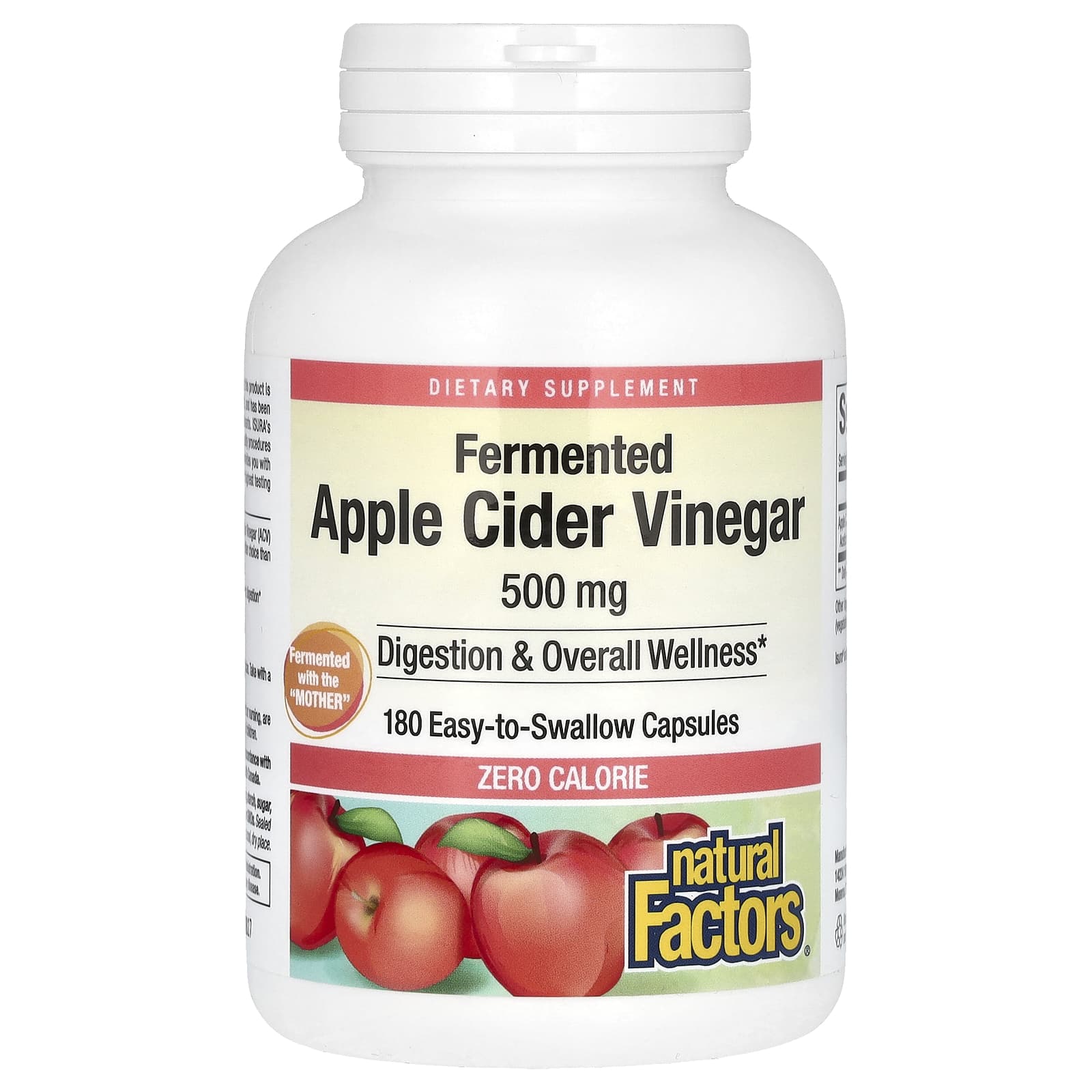 Natural Factors, Fermented Apple Cider Vinegar, 500 mg, 180 Easy to Swallow Capsules - Image 1