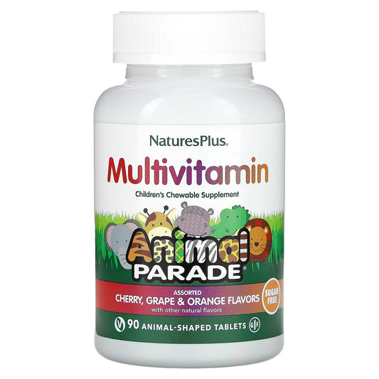 NaturesPlus, Animal Parade, Multivitamin, Children's Chewable Supplement, Cherry, Grape & Orange, 90 Animal-Shaped Tablets - Image 1