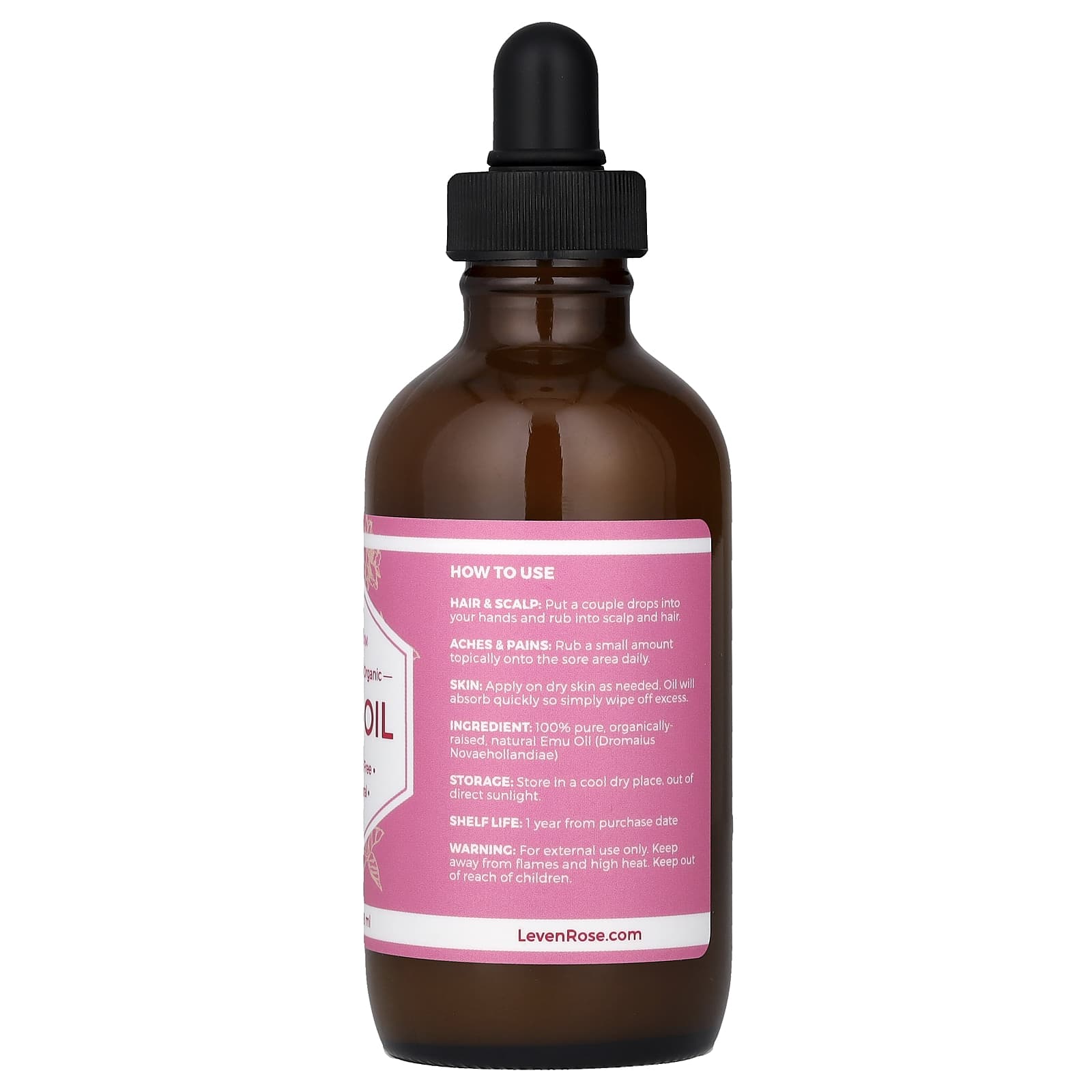 Leven Rose, 100% Pure & Organic Emu Oil, 4 fl oz (118 ml) - Image 2