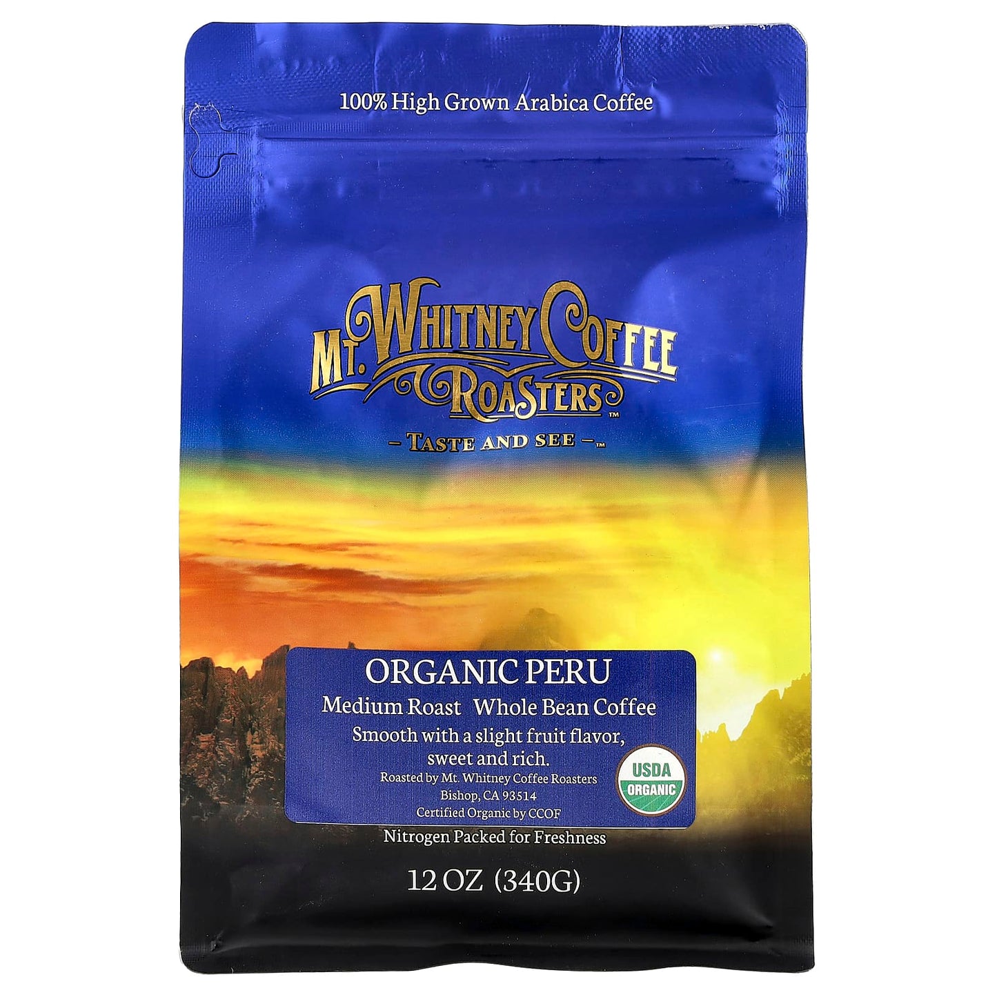 Mt. Whitney Coffee Roasters, Organic Peru, Whole Bean Coffee, Medium Roast, 12 oz (340 g) - Image 1