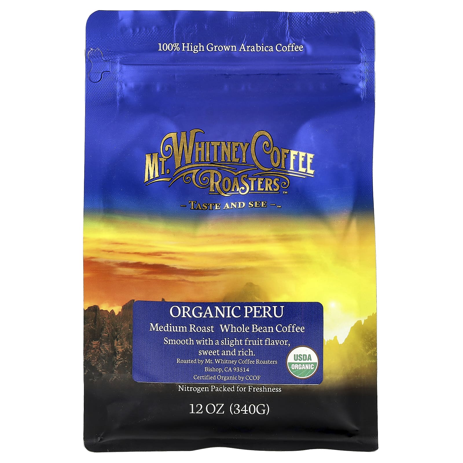 Mt. Whitney Coffee Roasters, Organic Peru, Whole Bean Coffee, Medium Roast, 12 oz (340 g) - Image 1