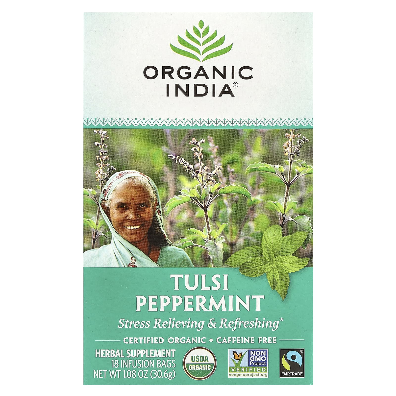 Organic India, Tulsi Tea, Peppermint, Caffeine Free, 18 Infusion Bags, 1.08 oz (30.6 g) - Image 1