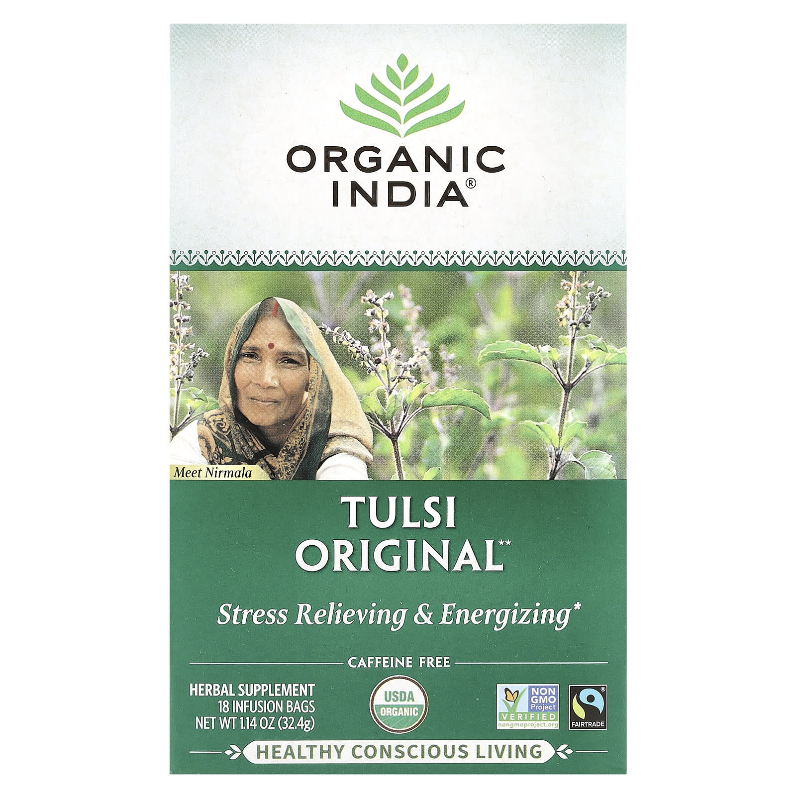 Organic India, Tulsi Tea, Original, Caffeine-Free, 18 Infusion Bags, 1.14 oz (32.4 g) - Image 1