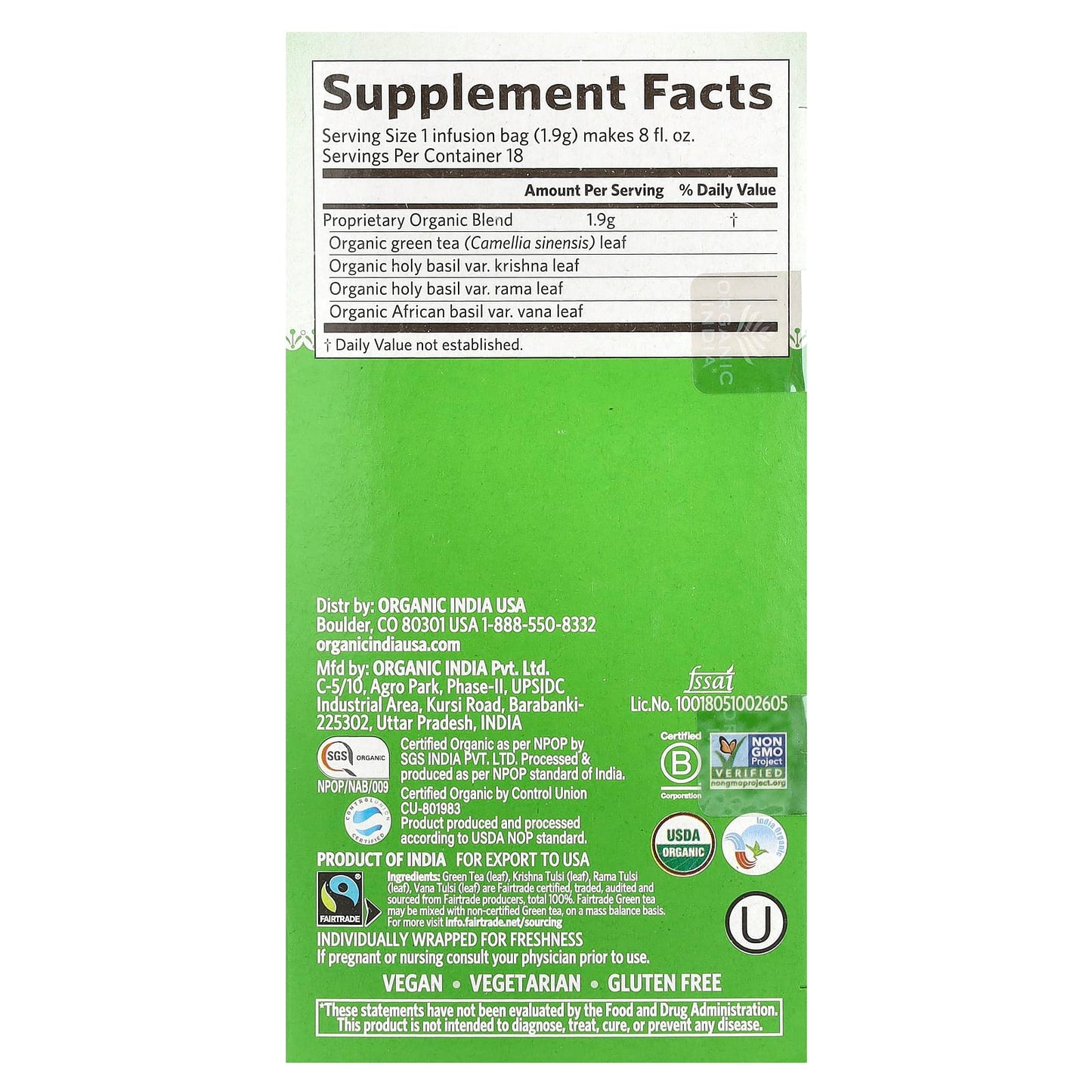 Organic India, Tulsi Tea, Green, 18 Infusion Bags, 1.21 oz (34.2 g) - Image 2
