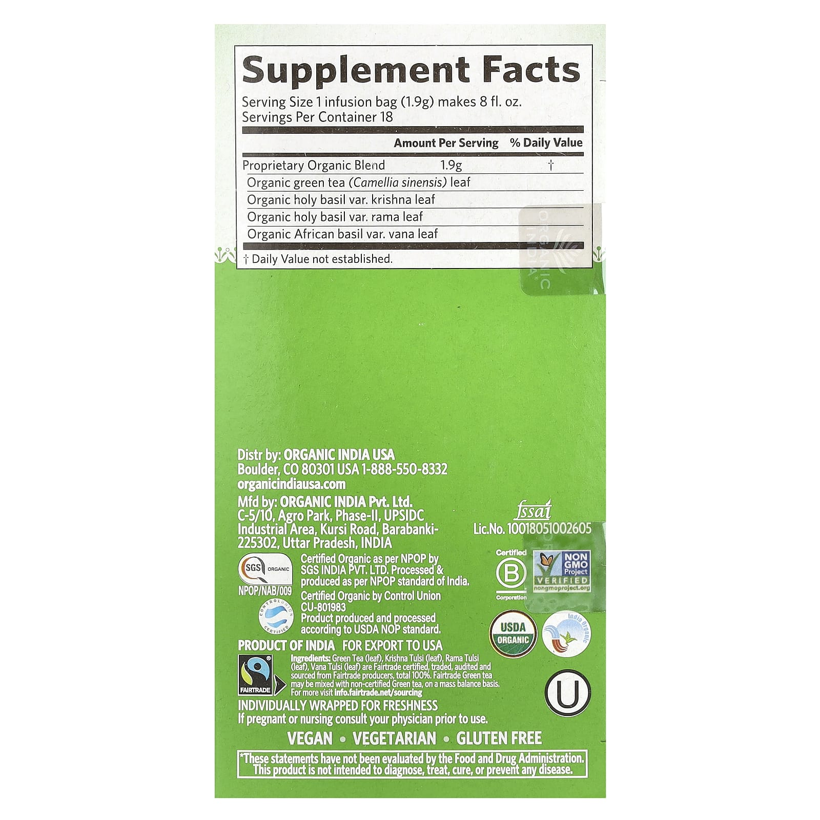 Organic India, Tulsi Tea, Green, 18 Infusion Bags, 1.21 oz (34.2 g) - Image 2