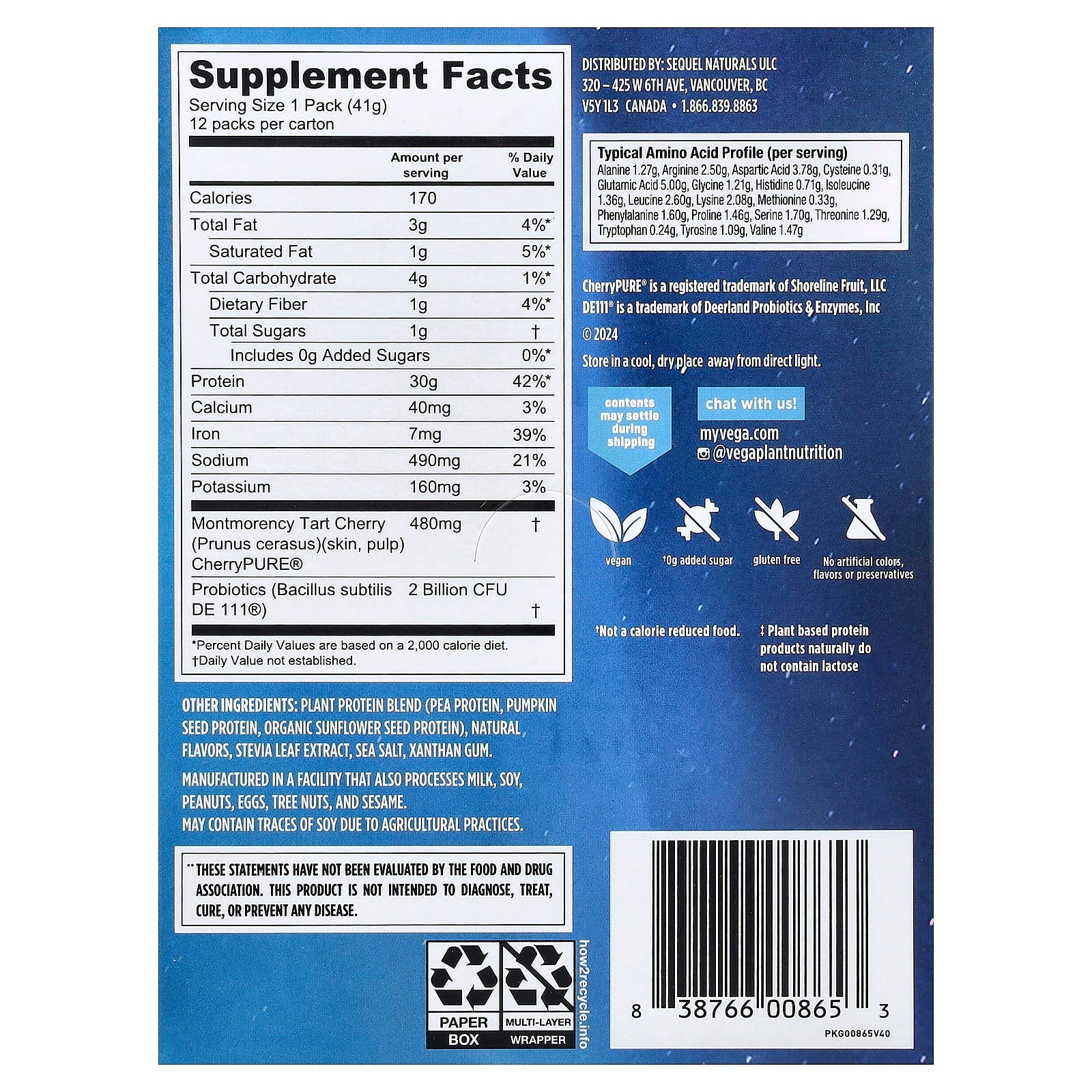 Vega, Plant-Based Protein, Performance Protein + Recovery, Creamy Vanilla, 12 Packs, 1.5 oz (41 g) Each - Image 2