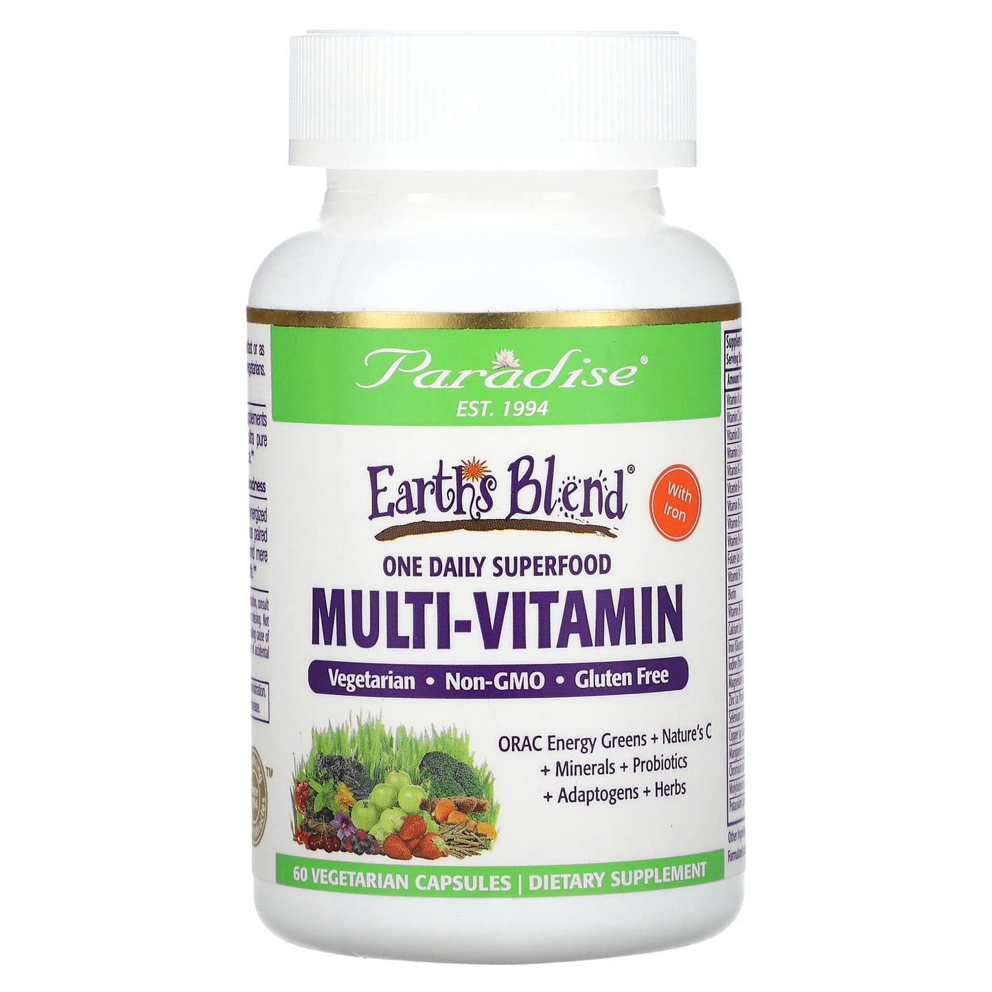 Paradise Herbs, Earth's Blend, One Daily Superfood Multi-Vitamin with Iron, 60 Vegetarian Capsules - Image 1