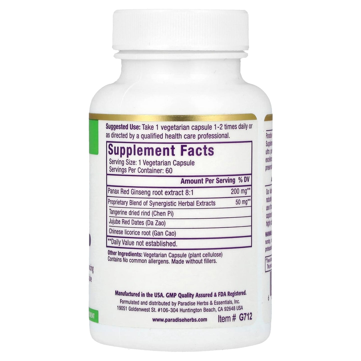 Paradise Herbs, Ginseng+ Extract, 60 Vegetarian Capsules - Image 2