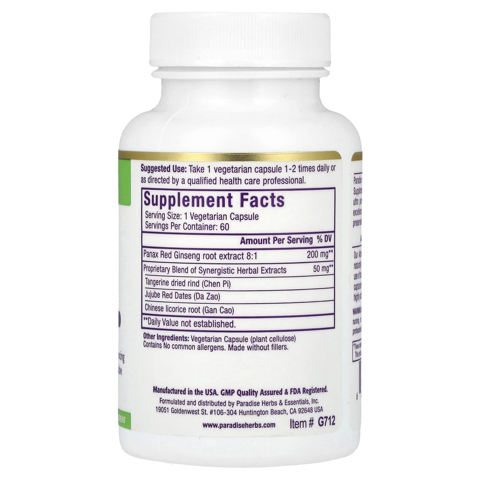 Paradise Herbs, Ginseng+ Extract, 60 Vegetarian Capsules - Image 2