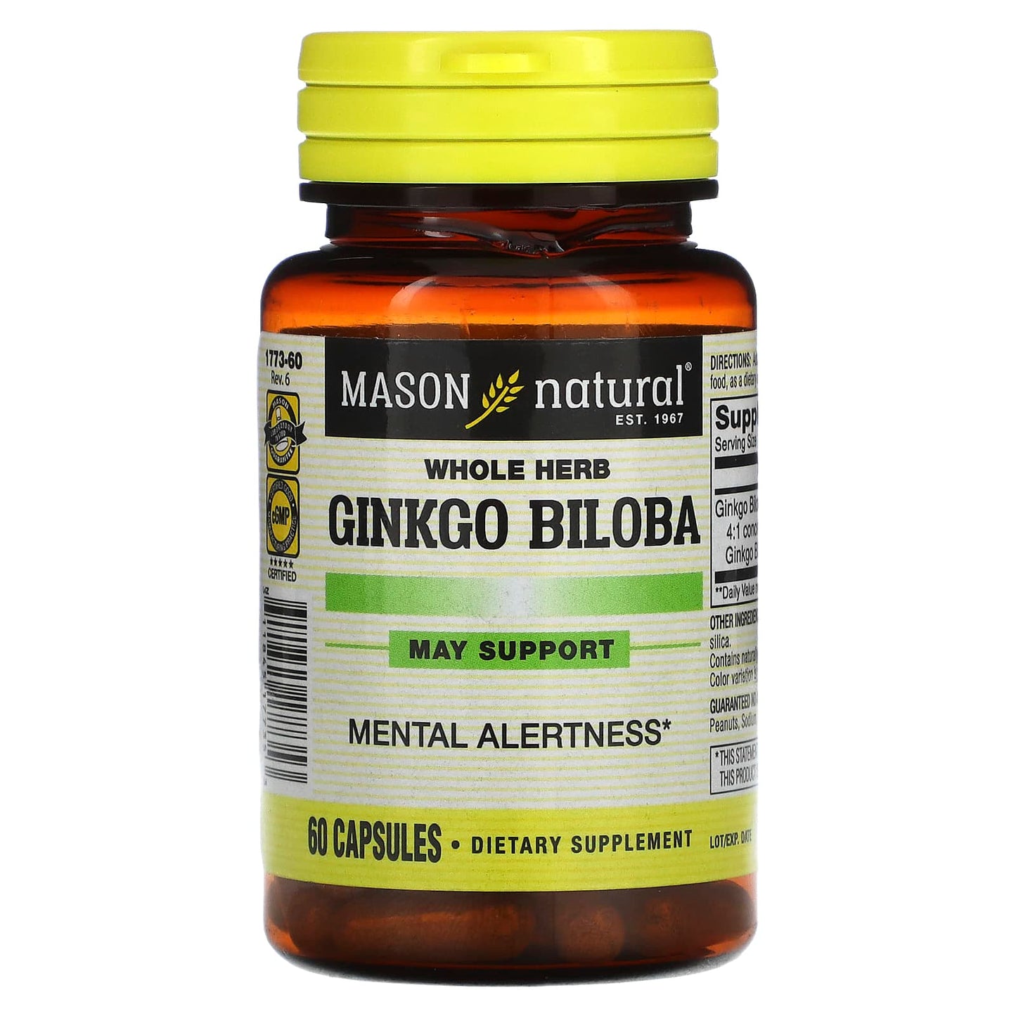 Mason Natural, Whole Herb Ginkgo Biloba, 60 Capsules (125 mg per Capsule) - Image 1