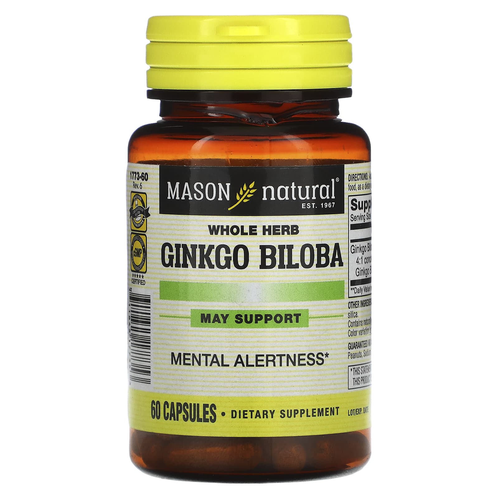 Mason Natural, Whole Herb Ginkgo Biloba, 60 Capsules (125 mg per Capsule) - Image 1