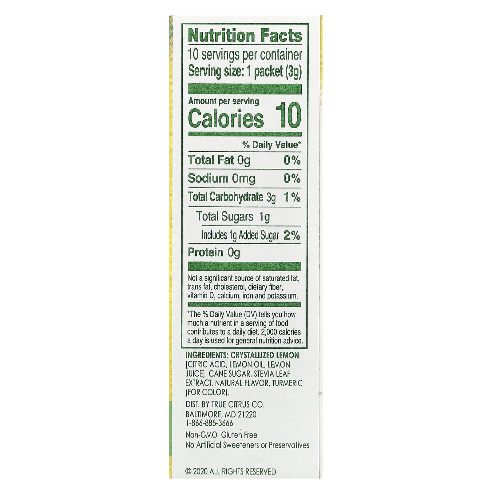 True Citrus, True Lemon®, Original Lemonade, 10 Packets, 0.11 oz (3 g) Each - Image 2