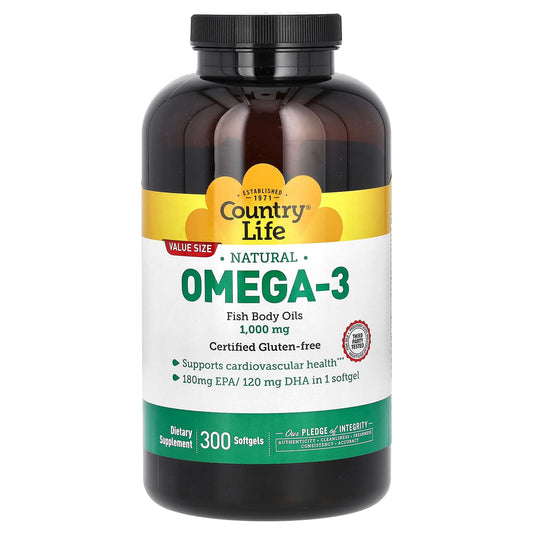 Country Life Omega-3 Fish Oil, 1000mg, 300 Softgels - Image 1