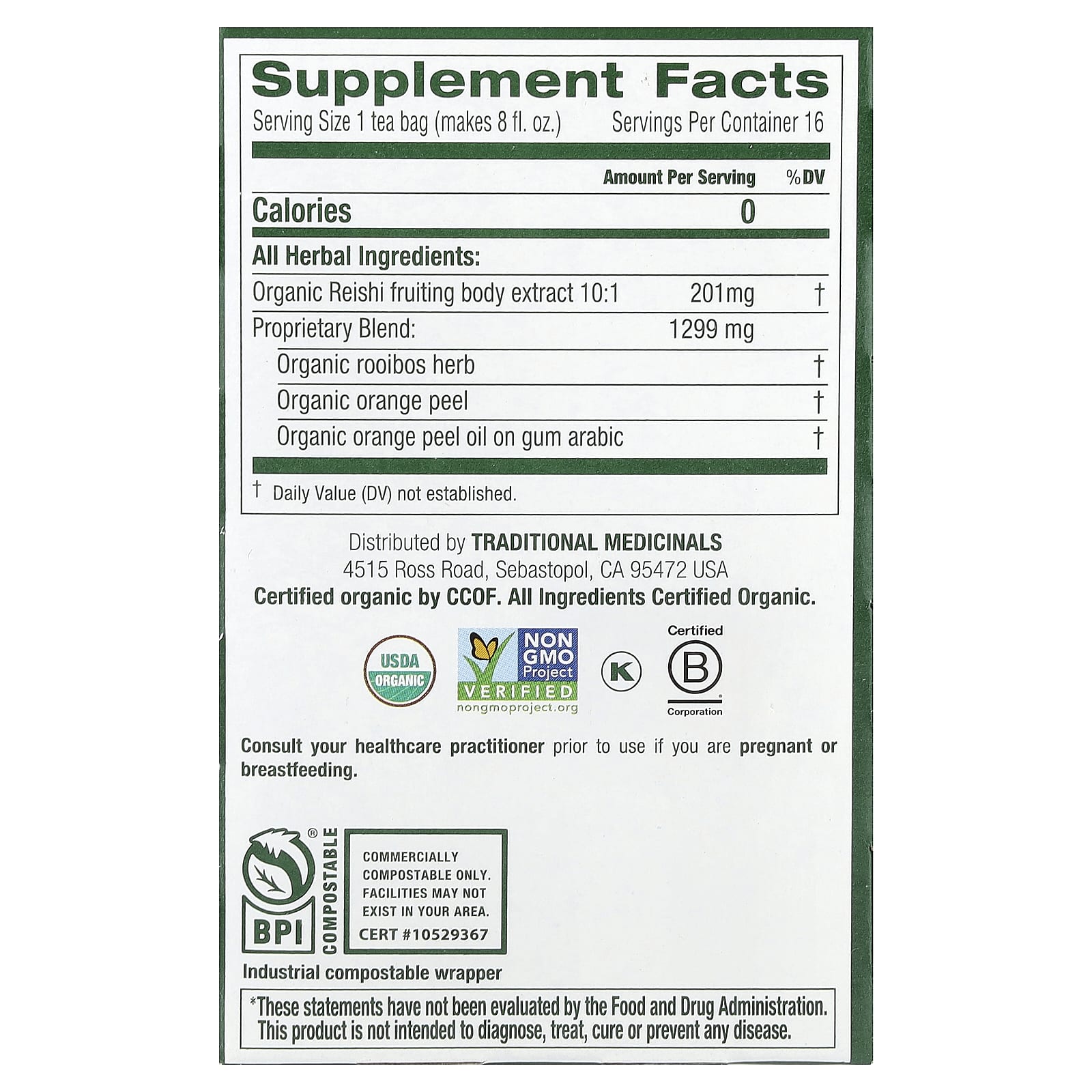 Traditional Medicinals, Organic Reishi Mushroom with Rooibos & Orange Peel, Caffeine Free, 16 Wrapped Tea Bags, 0.85 oz (24 g) - Image 2