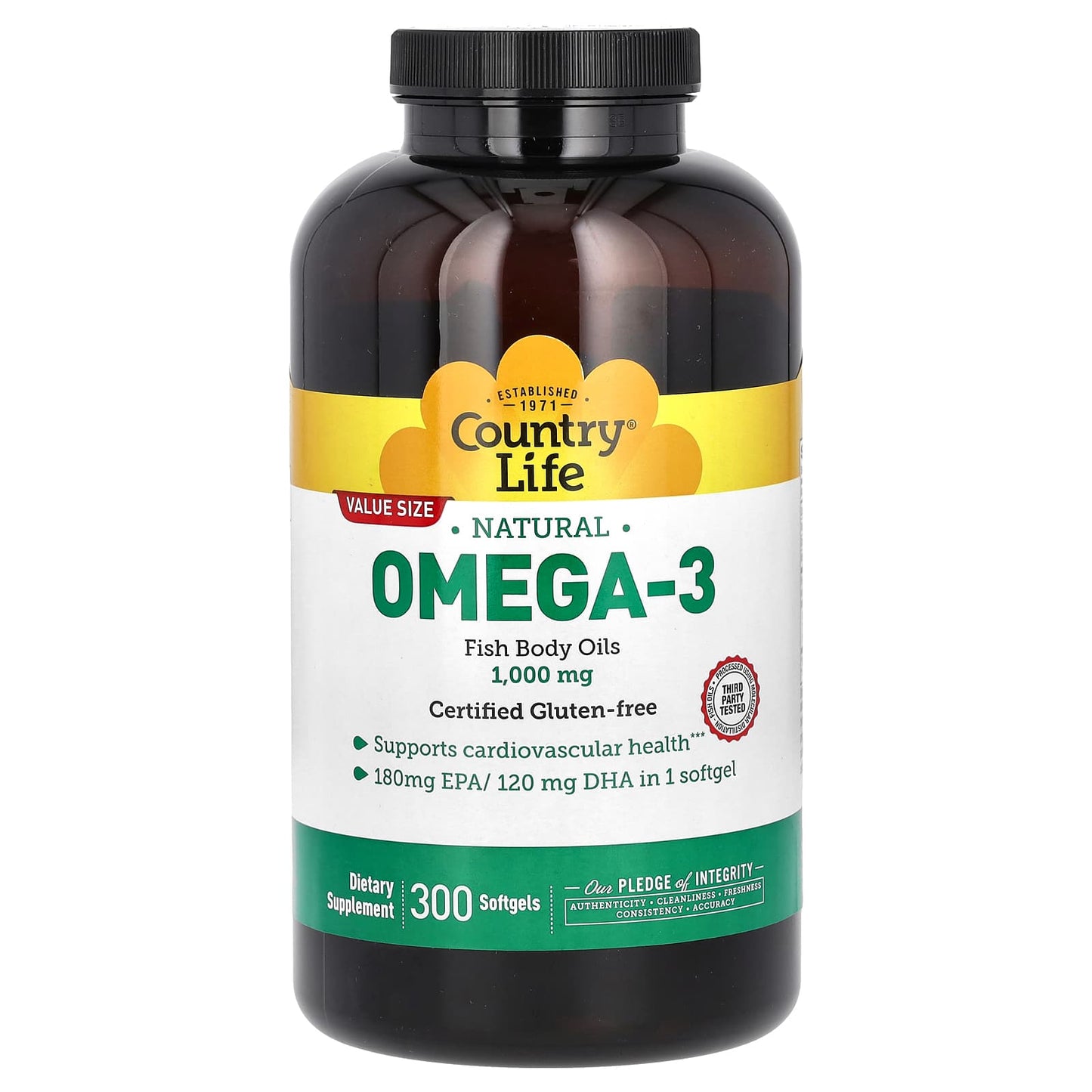 Country Life Omega-3 Fish Oil, 1000mg, 300 Softgels - Image 1