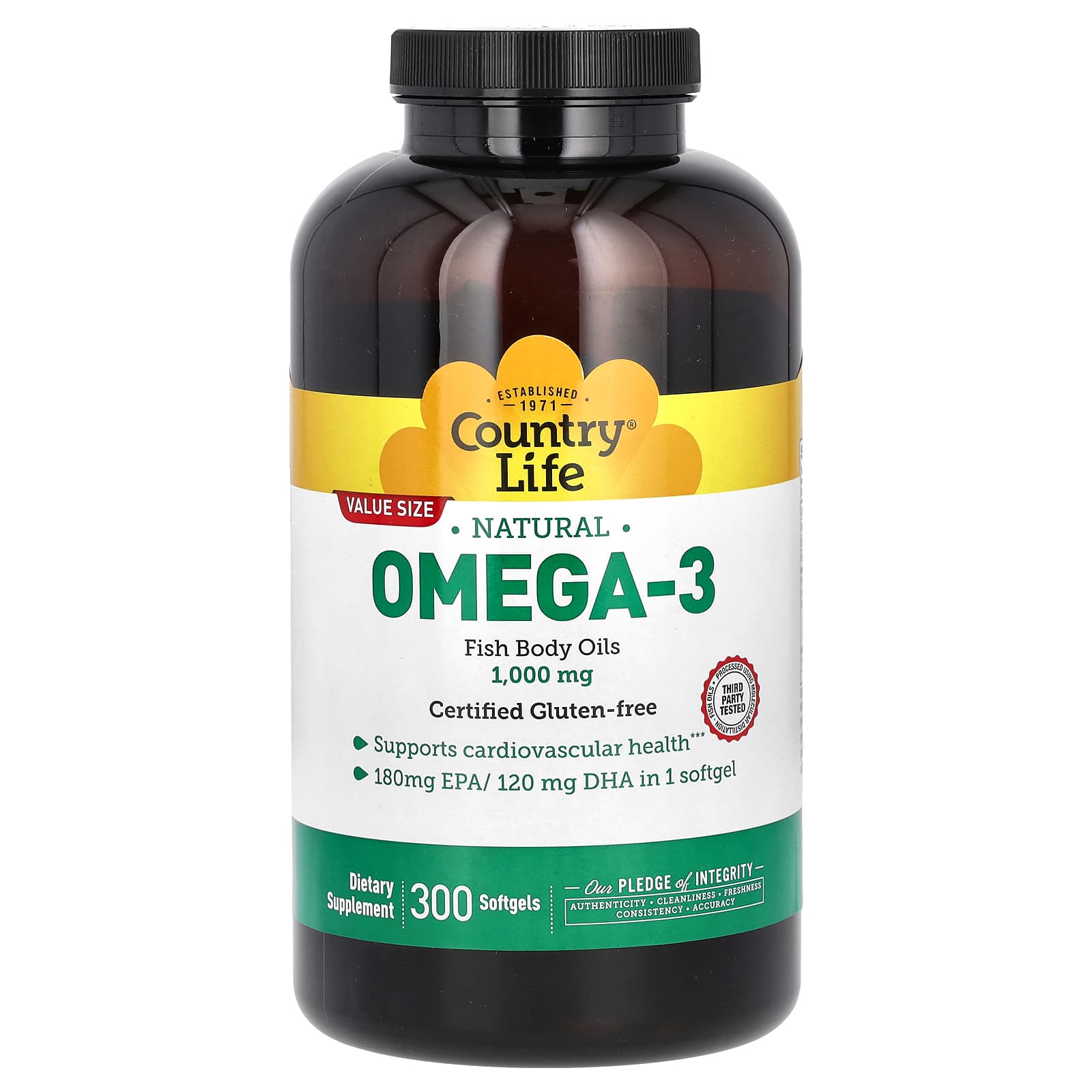 Country Life Omega-3 Fish Oil, 1000mg, 300 Softgels - Image 1