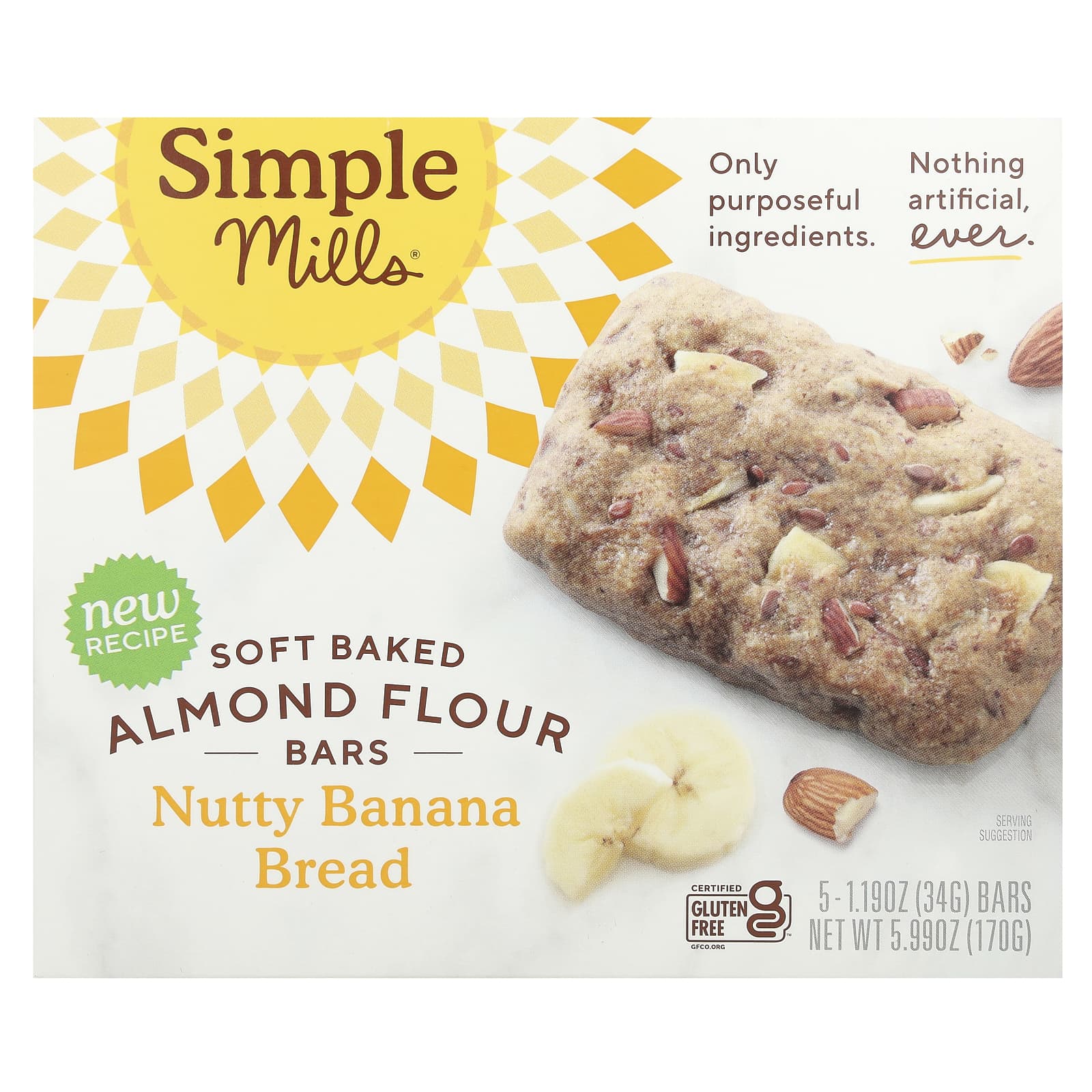Simple Mills, Soft Baked Almond Flour Bars, Nutty Banana Bread, 5 Bars, 1.19 oz (34 g) Each - Image 1