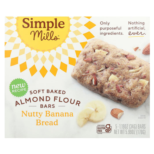 Simple Mills, Soft Baked Almond Flour Bars, Nutty Banana Bread, 5 Bars, 1.19 oz (34 g) Each - Image 1