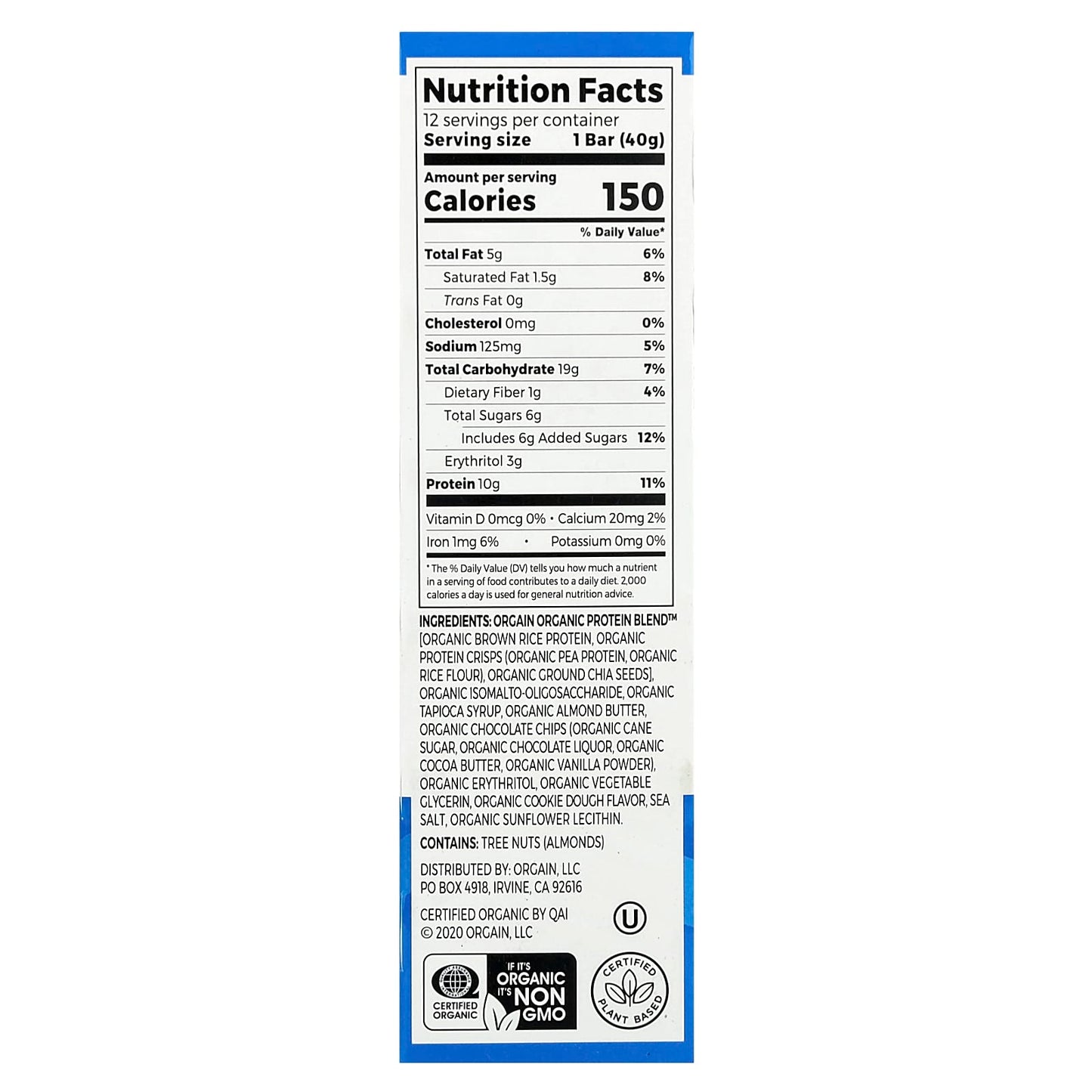 Orgain, Plant-Based Protein Snack Bar, Chocolate Chip Cookie Dough, 12 Bars, 1.41 oz (40 g) Each - Image 2