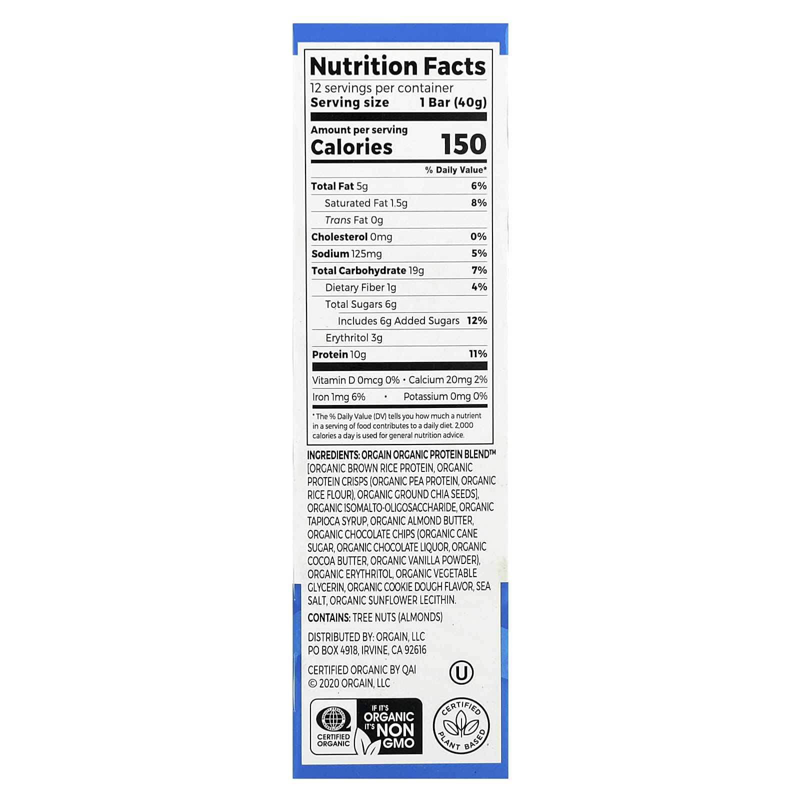 Orgain, Plant-Based Protein Snack Bar, Chocolate Chip Cookie Dough, 12 Bars, 1.41 oz (40 g) Each - Image 2