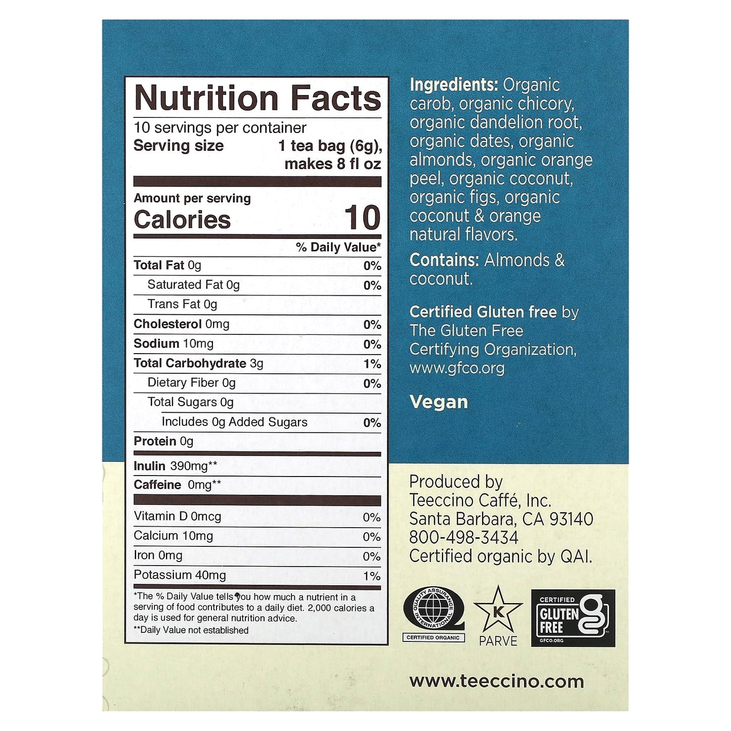 Teeccino, Organic Roasted Herbal Tea, Dandelion Coconut, Caffeine Free, 10 Tea Bags, 2.12 oz (60 g) - Image 2