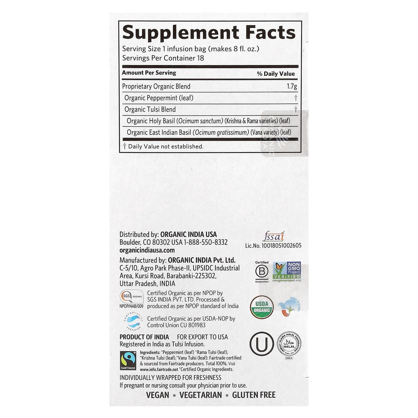 Organic India, Tulsi Tea, Peppermint, Caffeine Free, 18 Infusion Bags, 1.08 oz (30.6 g) - Image 2