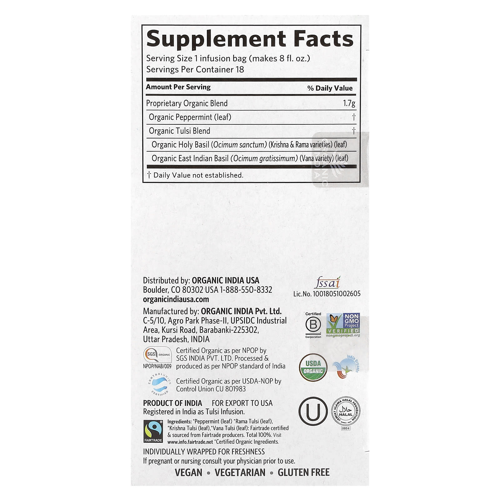 Organic India, Tulsi Tea, Peppermint, Caffeine Free, 18 Infusion Bags, 1.08 oz (30.6 g) - Image 2