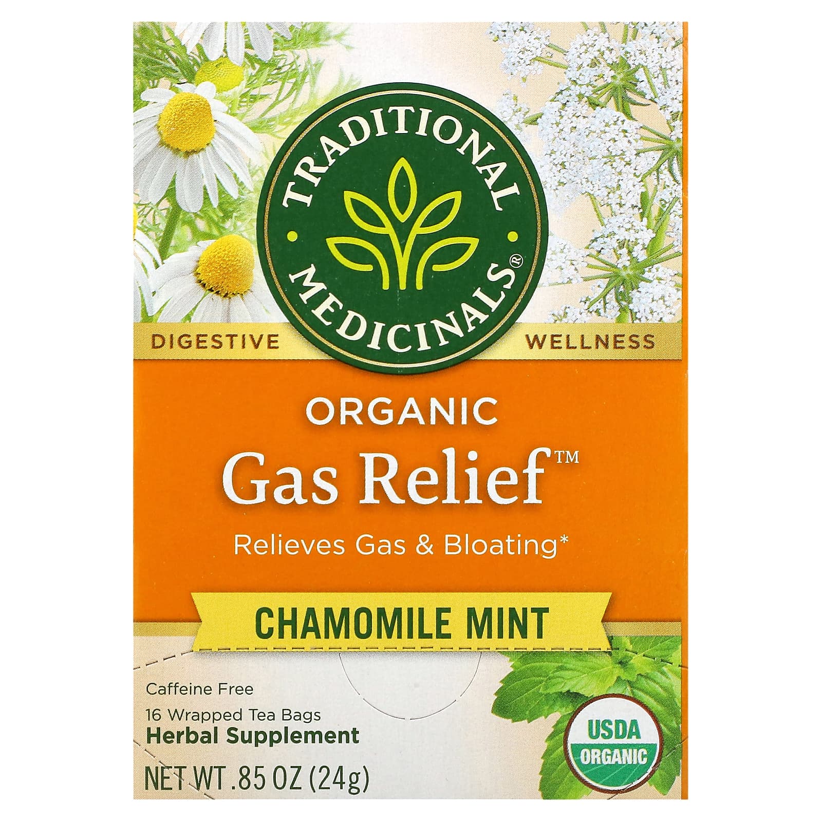 Traditional Medicinals, Organic Gas Relief, Chamomile Mint, Caffeine Free, 16 Wrapped Tea Bags, 0.85 oz (24 g) - Image 1