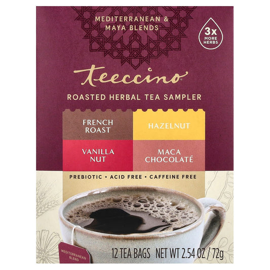 Teeccino, Roasted Herbal Tea Sampler, 4 Flavors, Caffeine Free, 12 Tea Bags, 2.54 oz (72 g) - Image 1