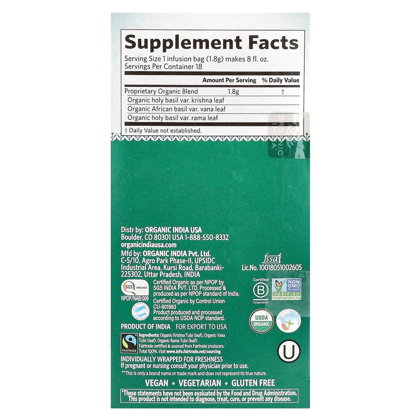 Organic India, Tulsi Tea, Original, Caffeine-Free, 18 Infusion Bags, 1.14 oz (32.4 g) - Image 2