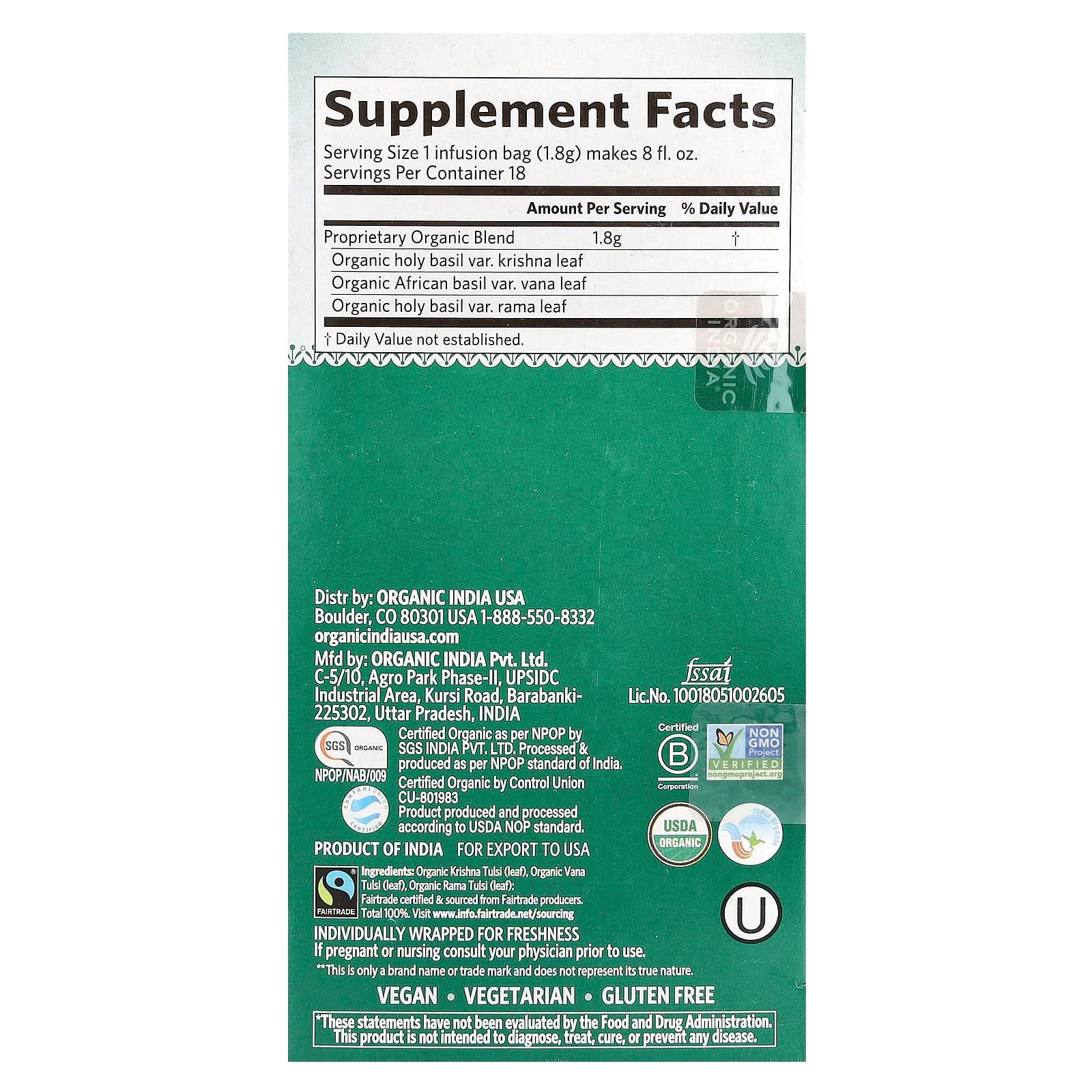 Organic India, Tulsi Tea, Original, Caffeine-Free, 18 Infusion Bags, 1.14 oz (32.4 g) - Image 2