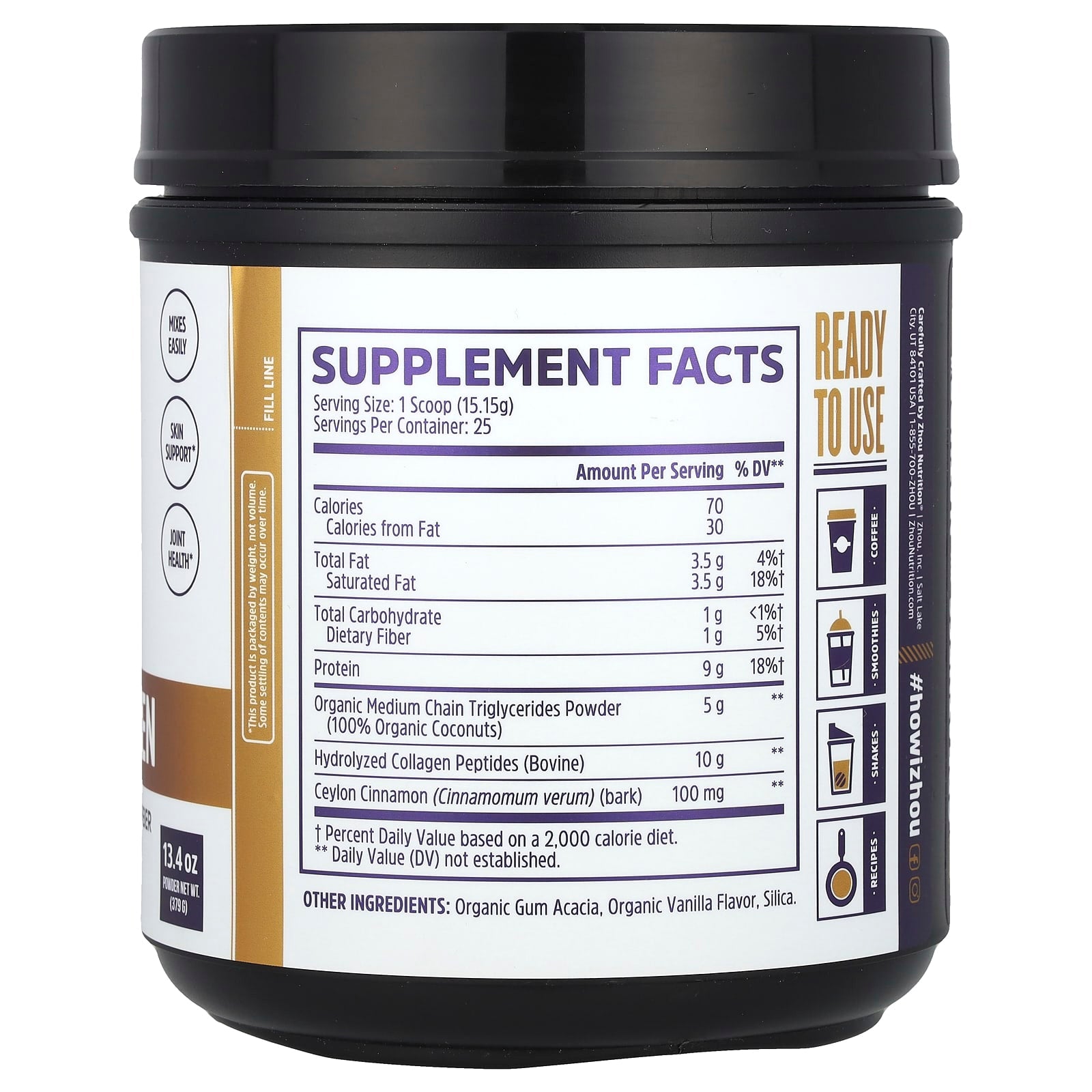 Zhou Nutrition, MCT Collagen, Vanilla Cinnamon, 13.4 oz (379 g) - Image 2