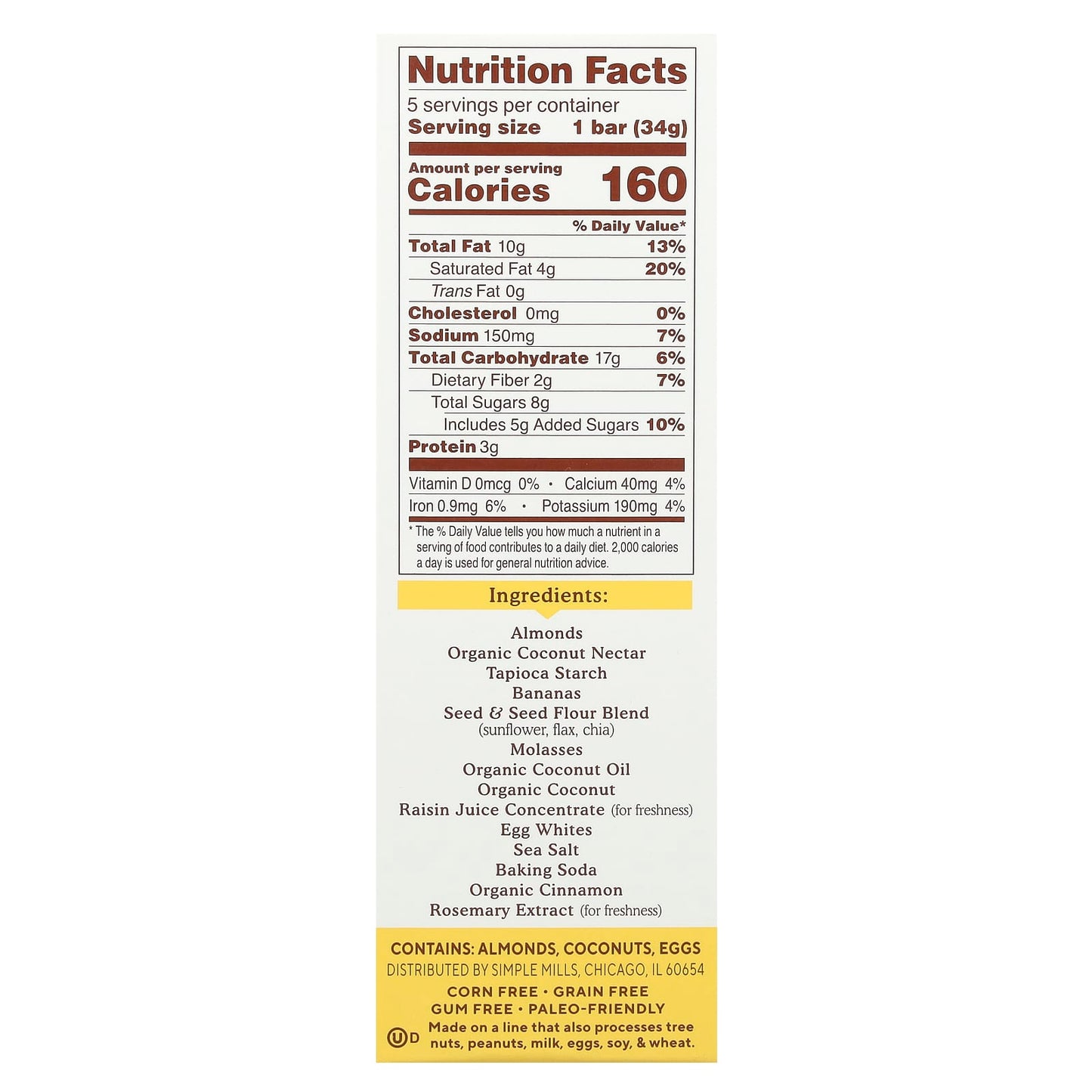 Simple Mills, Soft Baked Almond Flour Bars, Nutty Banana Bread, 5 Bars, 1.19 oz (34 g) Each - Image 2