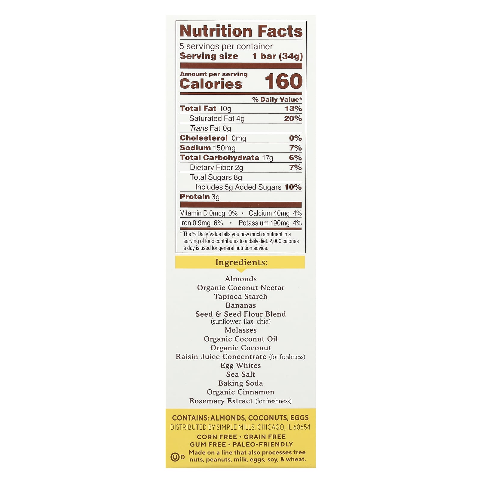 Simple Mills, Soft Baked Almond Flour Bars, Nutty Banana Bread, 5 Bars, 1.19 oz (34 g) Each - Image 2