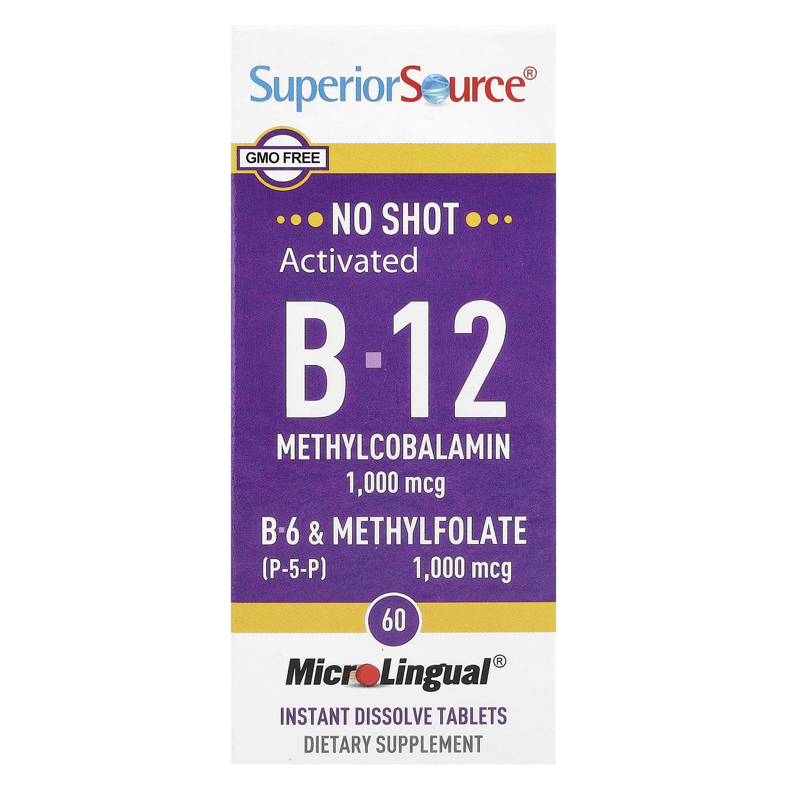 Superior Source, Activated B-12, Methylcobalamin, B-6 (P-5-P) & Methylfolate, 60 MicroLingual® Instant Dissolve Tablets - Image 1