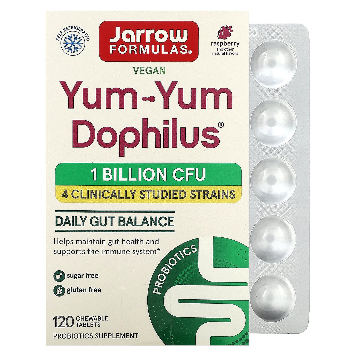 Raspberry Probiotics Supplement, 1 Billion CFU, 120 Chewable Tablets - Image 1