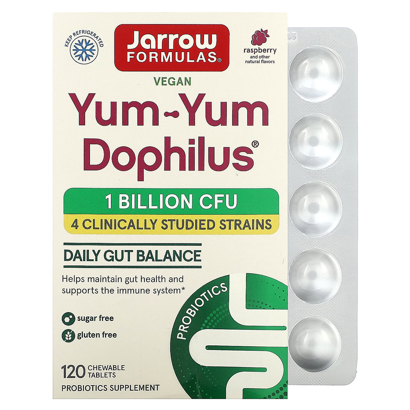 Raspberry Probiotics Supplement, 1 Billion CFU, 120 Chewable Tablets - Image 1