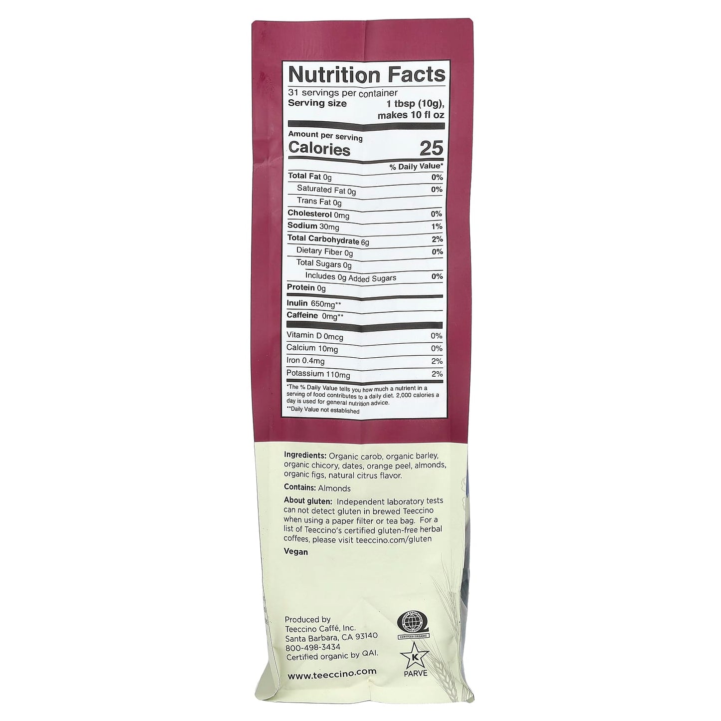 Teeccino, Chicory Herbal Coffee, Orange, Light Roast, Caffeine Free, 11 oz (312 g) - Image 2